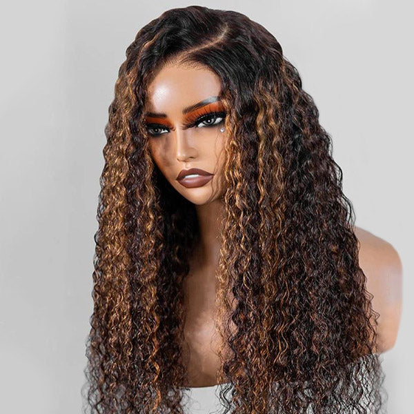 HairHive Balayage Highlight Ombre Brown Water Wave Wear Go Glueless Wig With Natural Hairline
