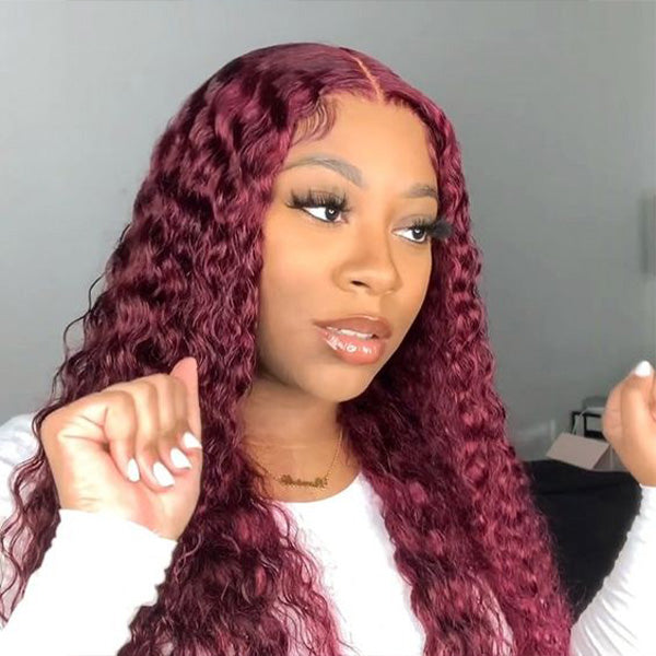 Glueless Color Wigs Deep Wave 99J Burgundy Color Wear Go Glueless Wig Pre-cut Lace Wig Preplucked 7x5 HD Lace Wig