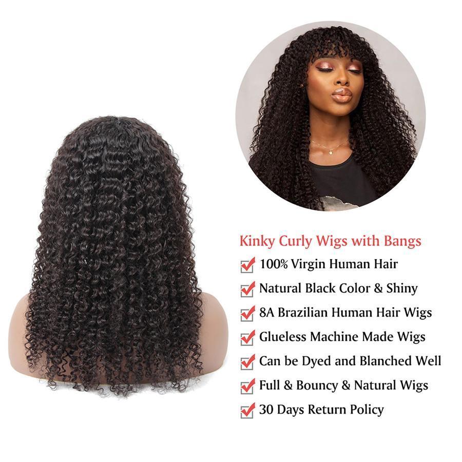 Kinky Curly Bomb Look Premium 100% Remy Human Hair Wig With Bangs