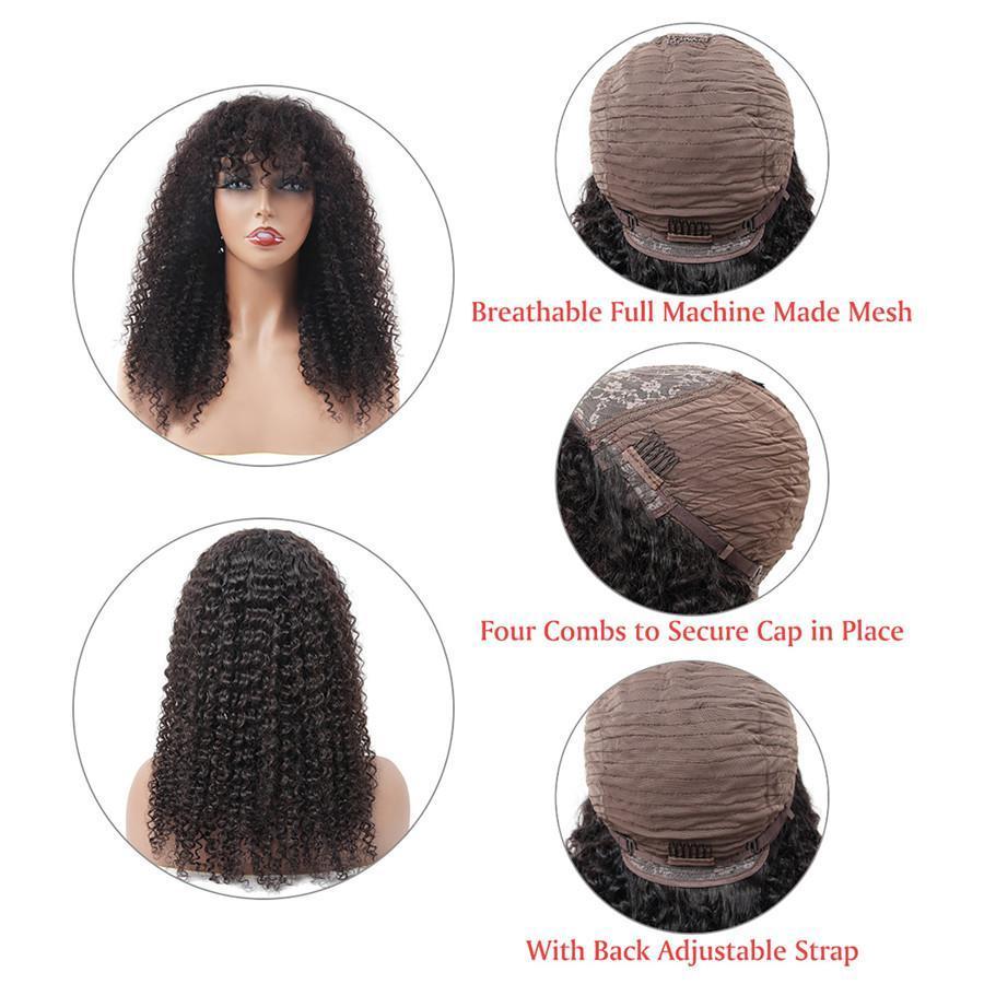 Kinky Curly Bomb Look Premium 100% Remy Human Hair Wig With Bangs