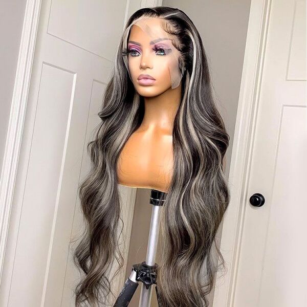 Platinum Blonde Highlights Human Hair Lace Front Wigs Ombre Piano Color Straight Hair With Grey Highlight Wig