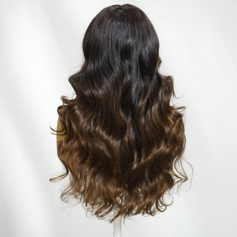Sunber 7x5 Glueless Lace Black to Chestnut Brown Ombre Loose Wave Wig With Bleached Knots
