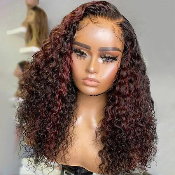 Highlight 1B/99J Colored Water Wave Human Hair 13x4 Skin Melt Lace Front Wigs Natural Hairline Preplucked with Baby Hair