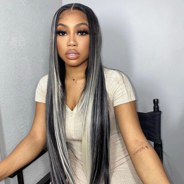 Platinum Blonde Highlights Human Hair Lace Front Wigs Ombre Piano Color Straight Hair With Grey Highlight Wig