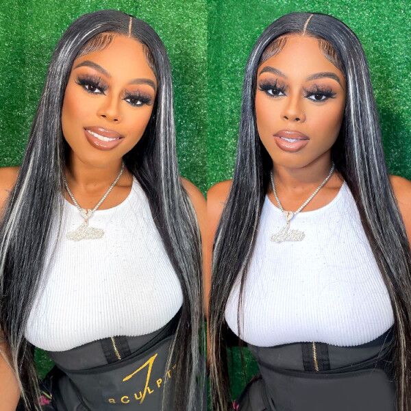 Platinum Blonde Highlights Human Hair Lace Front Wigs Ombre Piano Color Straight Hair With Grey Highlight Wig