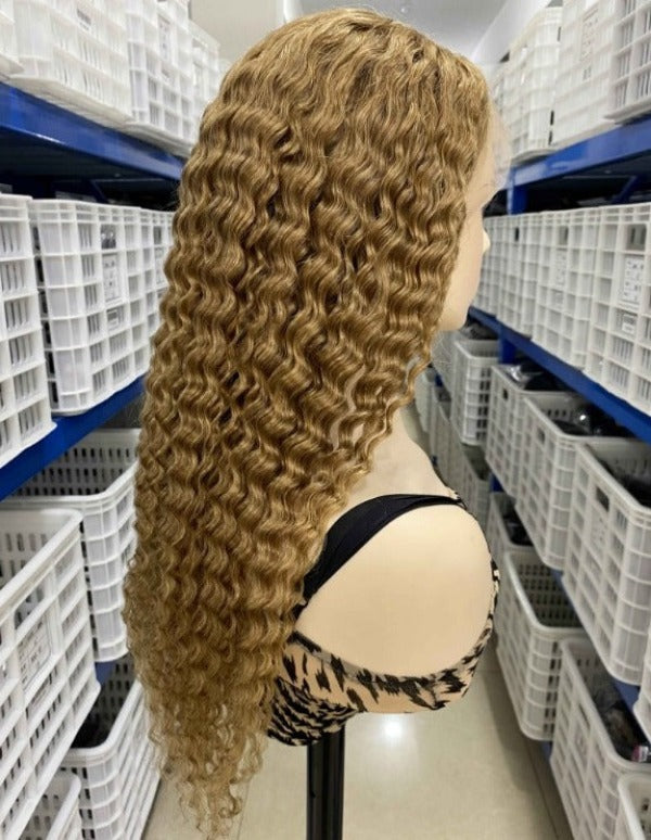 Deep Wave #27 Honey Blonde Human Hair Lace Front Wigs Deep Curly Color Hair Wigs