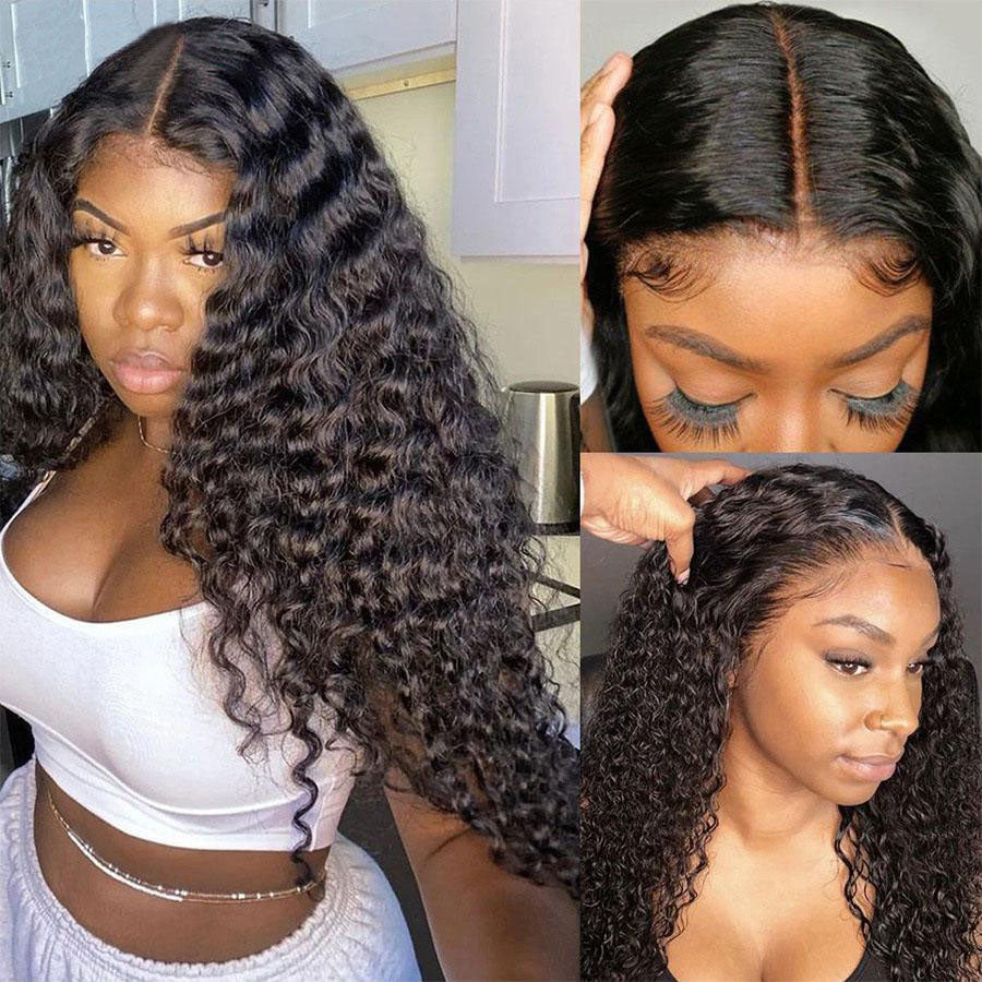 T-part Lace Front Wigs Human Hair Middle Part Long Deep Wave Human Hair Wigs for Women Natural Black