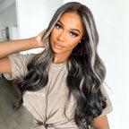 Platinum Blonde Highlights Human Hair Lace Front Wigs Ombre Piano Color Straight Hair With Grey Highlight Wig