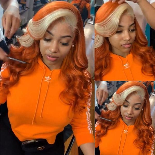 Ginger Orange With Blonde Streaks Color Body Wave Human Hair 13x4 Lace Front Wig