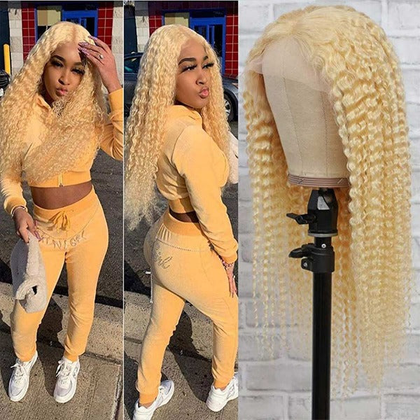 613 Blonde Kinky Curly Human Hair 13x4 Lace Front Wigs Pre-plucked with Baby Hair for Women