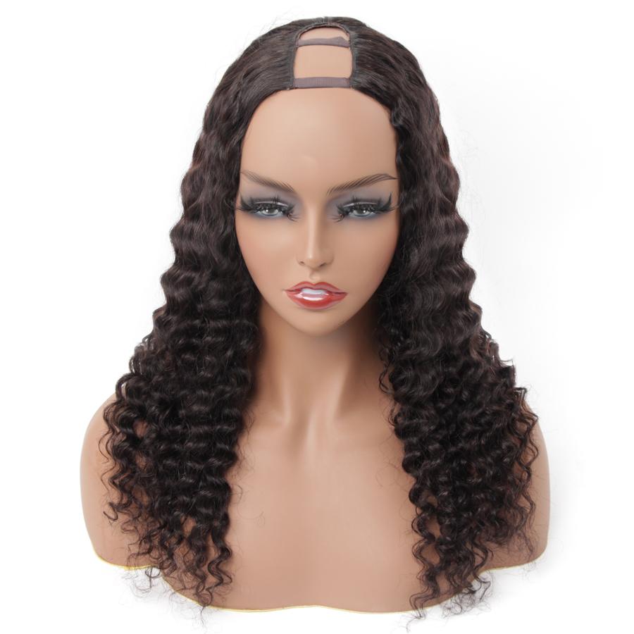 U Part Wigs Deep Wave Brazilian Virgin Human Hair 2x4 U Shape Glueless Wigs 180% Density With Straps Combs For Women