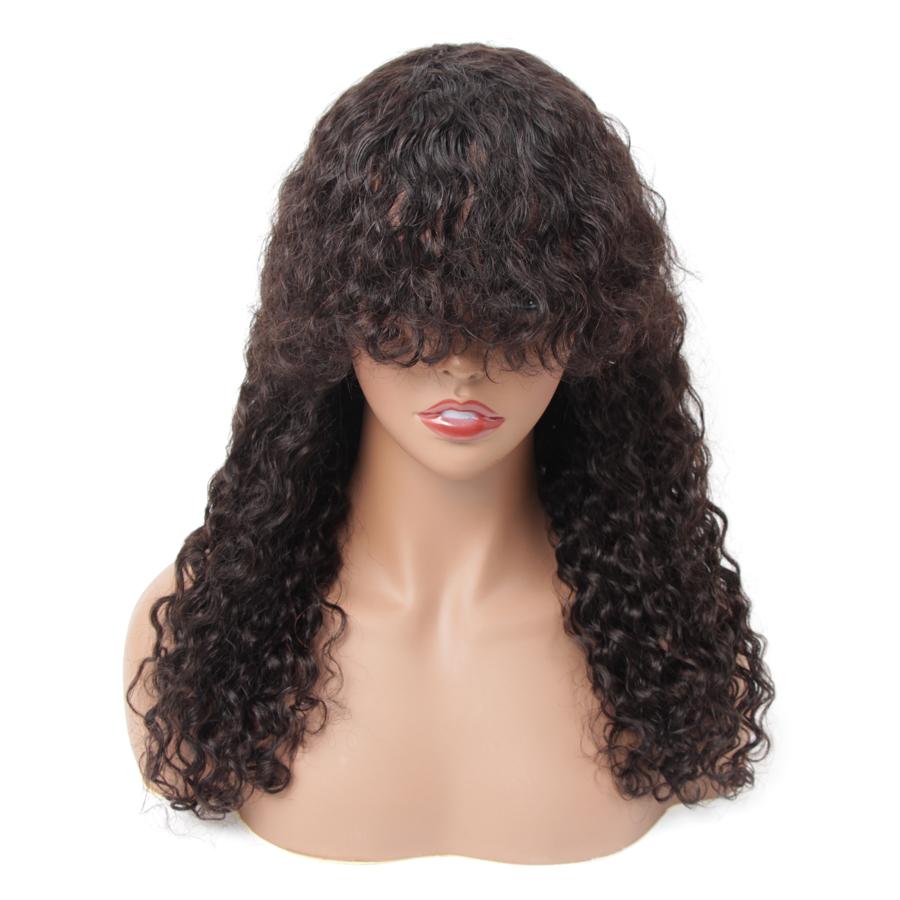 Low-Maintenance Water Wave Human Hair Wig with Bangs Heat-Friendly No Shedding