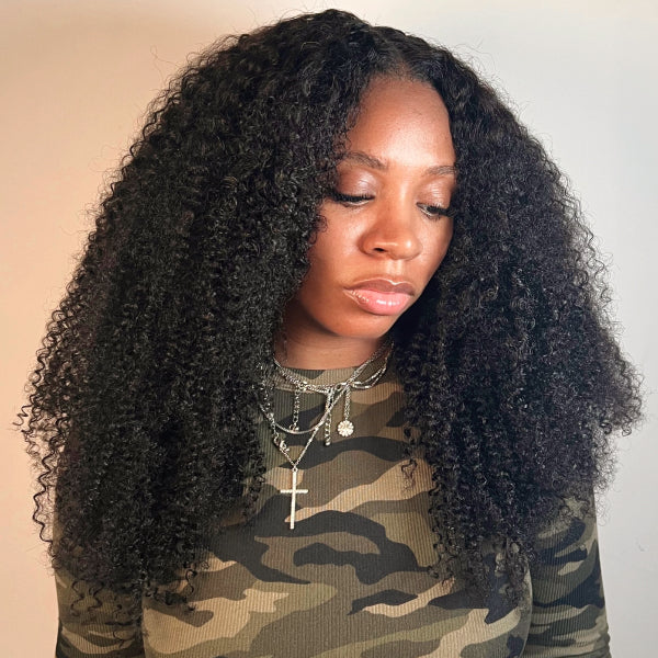 Kinky Curly V Part Wig No Leave Out Thin Part Glueless Wigs Human Hair Wig