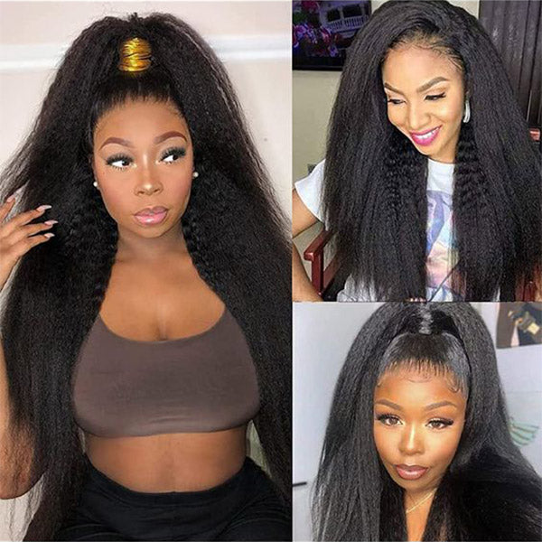 HairHive Kinky Straight Invisi-Drawstring Flexible Fit 360 Lace Front Glueless Wig With Bleached Knots