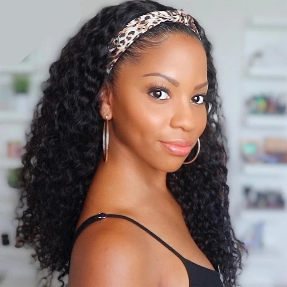 HairHive Curly Wave Headband Wig Human Hair Brazilian Deep Wave Machine Made Wigs With Head Band No Glue Scarf Wig