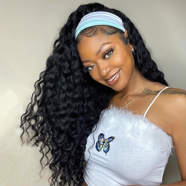 HairHive Natural Loose Deep Headband Wig Easy Slip-On Style 100% Human Hair Wig
