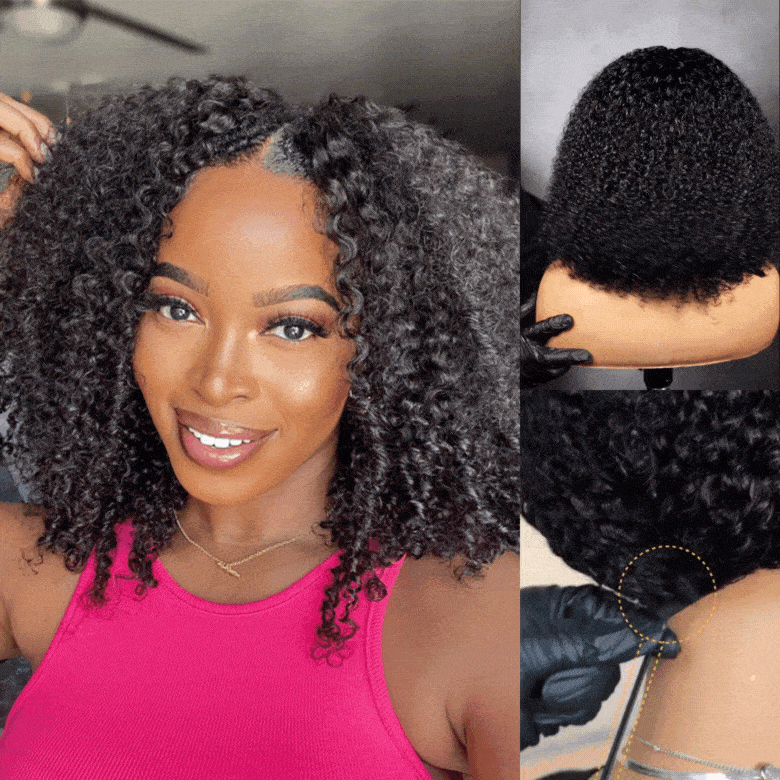 Sunber 180% Density Kinky Curly V Part With Elastic Drawstring No Lace No Glue Affordable Wig