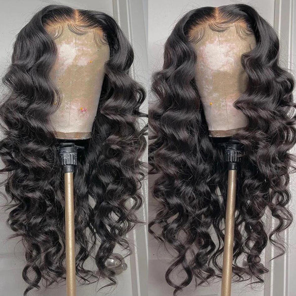 Brazilian Virgin Loose Wave Human Hair Pre plucked Lace Front Wigs Natural Black