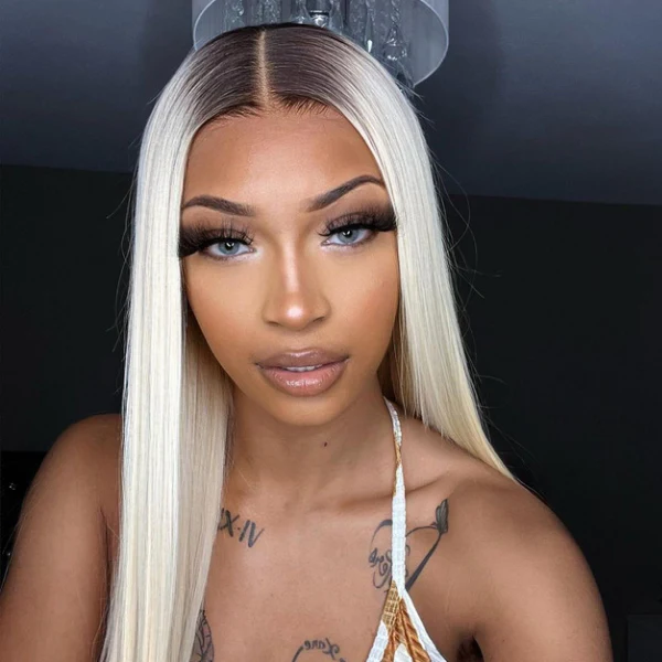 Ombre Blonde Hair With Brown Root Straight Hair #4/613 Colored 13x4 Human Hair Lace Front Wigs Pre Plucked Natural Hairline