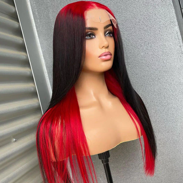 Straight Red and Black Color Wigs Preplucked Human Hair Lace Front Wigs Natural Hairline