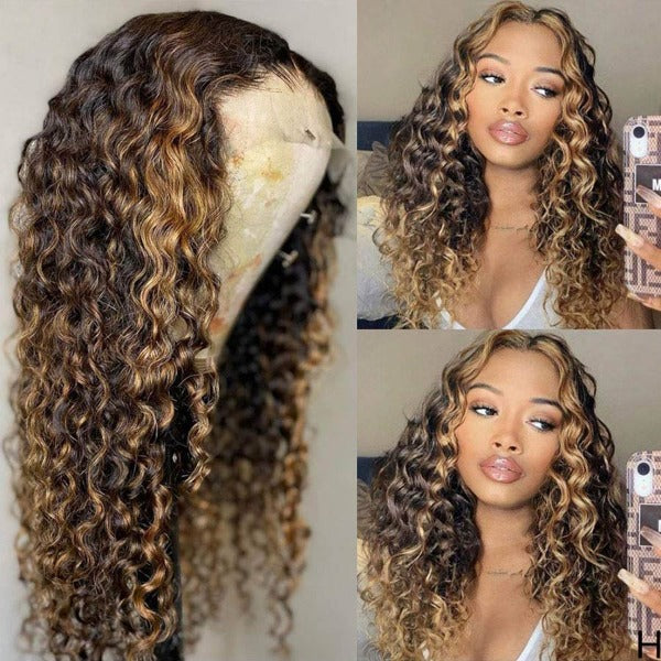 Balayage Highlights 13x4 Lace Front Wigs Ombre Highlight Curly Honey Blonde Colored Human Hair Wigs