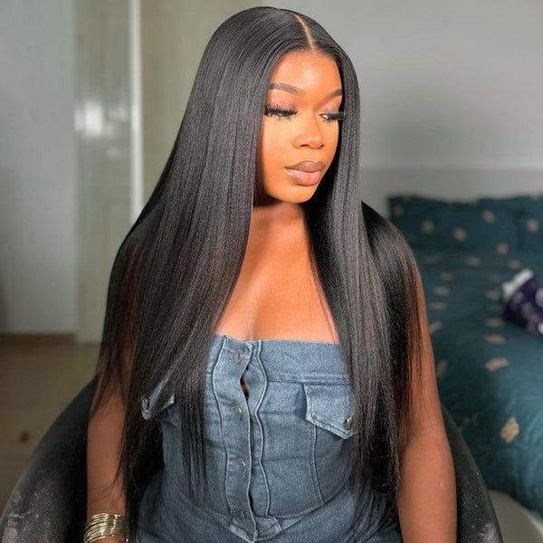 HairHive Yaki Straight Bleached Knots Wear Go Wig Pre-cut 7x5 HD Lace Bleached Knots Relaxed Glueless Wig