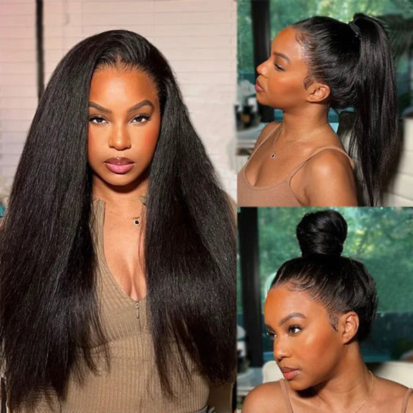 HairHive Yaki Straight Invisi-Drawstring Flexible Fit 360 Glueless Wig Pre-Cut Lace Pre Bleached Knots