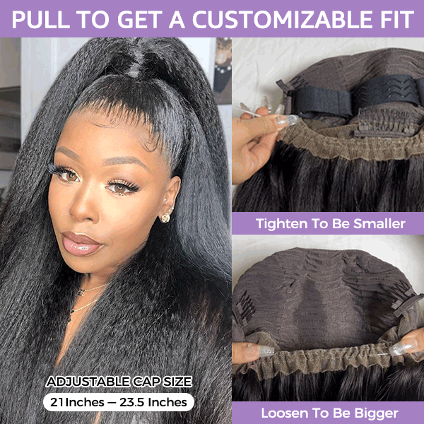 HairHive Yaki Straight Invisi-Drawstring Flexible Fit 360 Glueless Wig Pre-Cut Lace Pre Bleached Knots