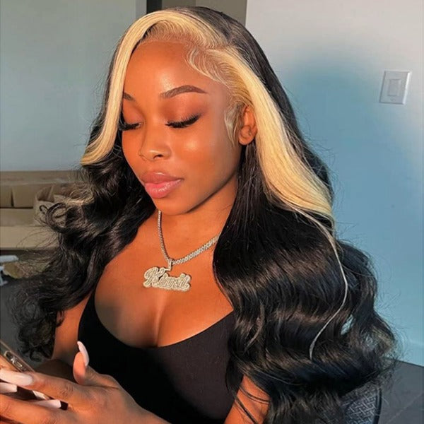 Blonde and Black Skunk Stripe Color Wig Straight Full Human Hair 13x4 Lace Front Wig