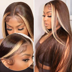 Honey Blonde and Brown Streaks Highlight Wigs Straight 13x4 Lace Front Wig Preplucked with Baby Hair