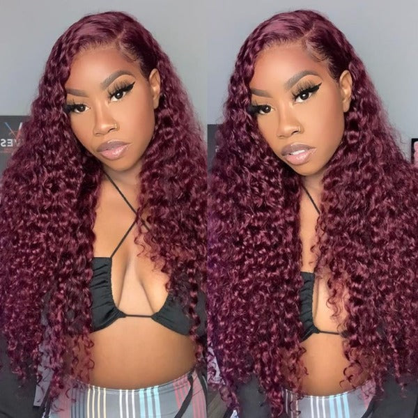Burgundy 99J Color Deep Wave Lace Frontal and Closure Wig Pre Plucked Human Hair Wig On Sale