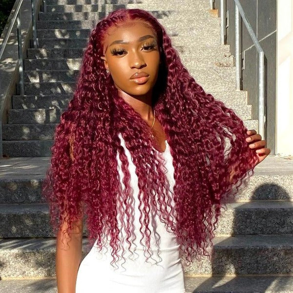 Burgundy 99J Color Deep Wave Lace Frontal and Closure Wig Pre Plucked Human Hair Wig On Sale