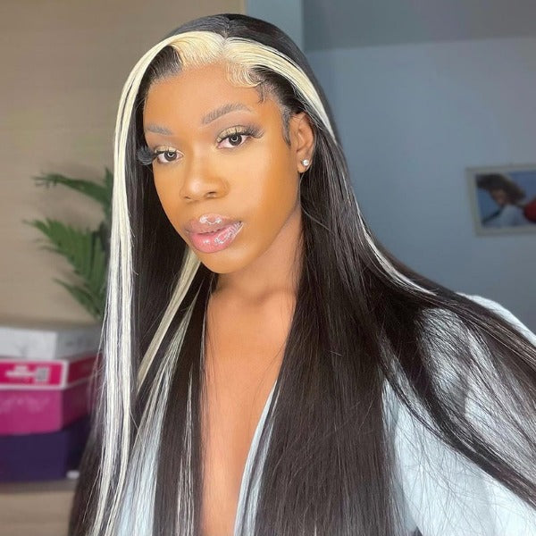 Blonde and Black Skunk Stripe Color Wig Straight Full Human Hair 13x4 Lace Front Wig