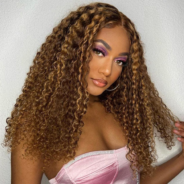 Kinky Curly 4/27 Highlight Wear Go Glueless Wig Pre-cut Lace Wig 7x5 Lace Wig Preplucked with Natural Hairline
