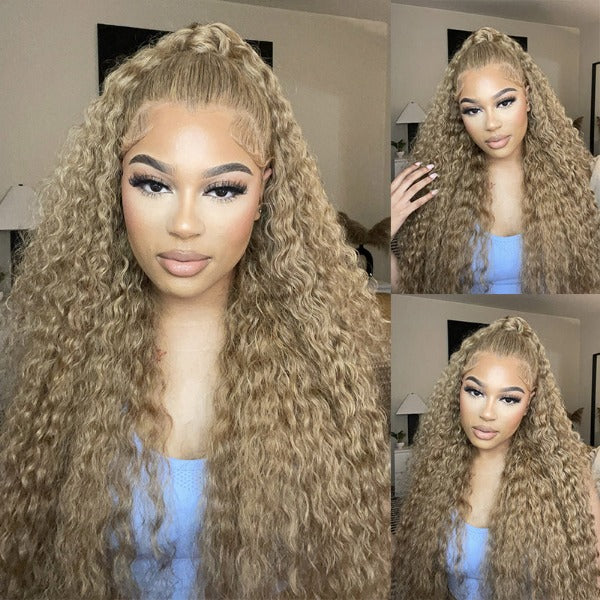 Deep Wave #27 Honey Blonde Human Hair Lace Front Wigs Deep Curly Color Hair Wigs