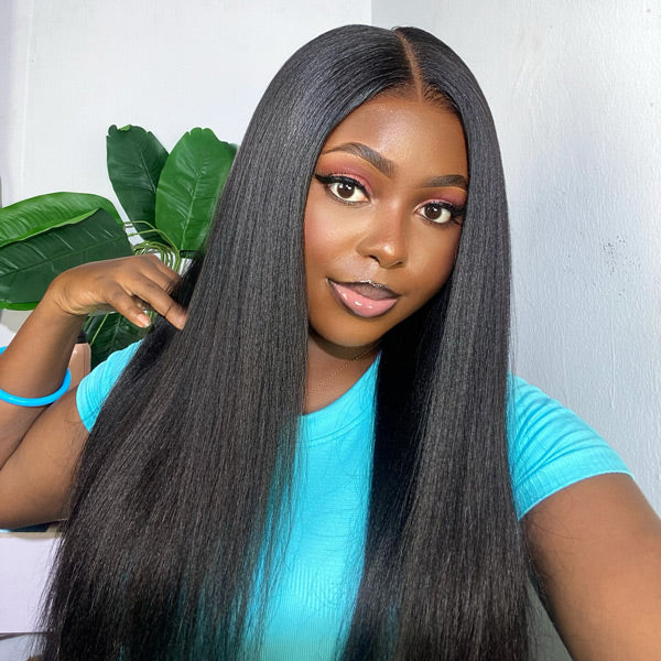 HairHive Yaki Straight Bleached Knots Wear Go Wig Pre-cut 7x5 HD Lace Bleached Knots Relaxed Glueless Wig