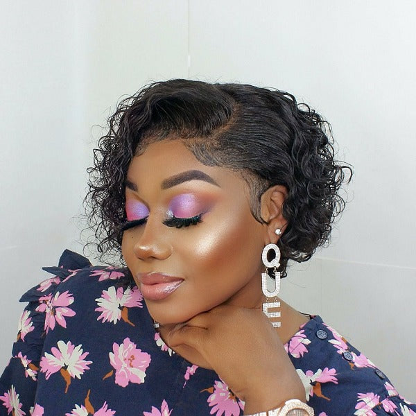 Short Curly Hair 13x4 Lace Front Wig Pixie Wig Human Hair Preplucked with Baby Hair