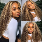 Balayage Highlights 13x4 Lace Front Wigs Ombre Highlight Curly Honey Blonde Colored Human Hair Wigs