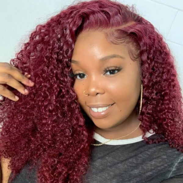 99J Burgundy Color Kinky Curly Human Virgin Hair Undectedable 13x4 4X4 Lace Front Wigs