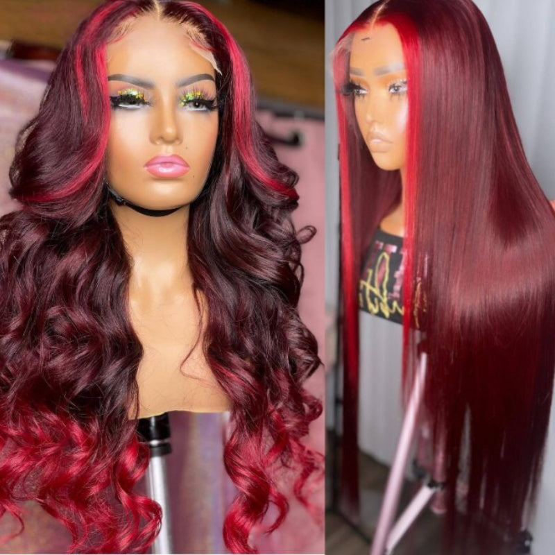 Sunber 24-Inch Dark Burgundy With Rose Red Highlights Loose Wave 13x4 Lace Front Human Hair Wig