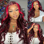 Sunber 24-Inch Dark Burgundy With Rose Red Highlights Loose Wave 13x4 Lace Front Human Hair Wig