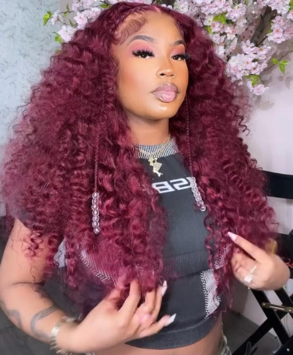 Burgundy 99J Color Deep Wave Lace Frontal and Closure Wig Pre Plucked Human Hair Wig On Sale