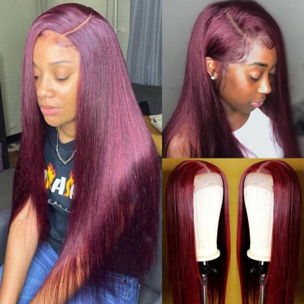 99J Burgundy Color 13x4 4x4 Lace Front & Closure Wig Straight Pre Plucked Human Hair Wigs for Women