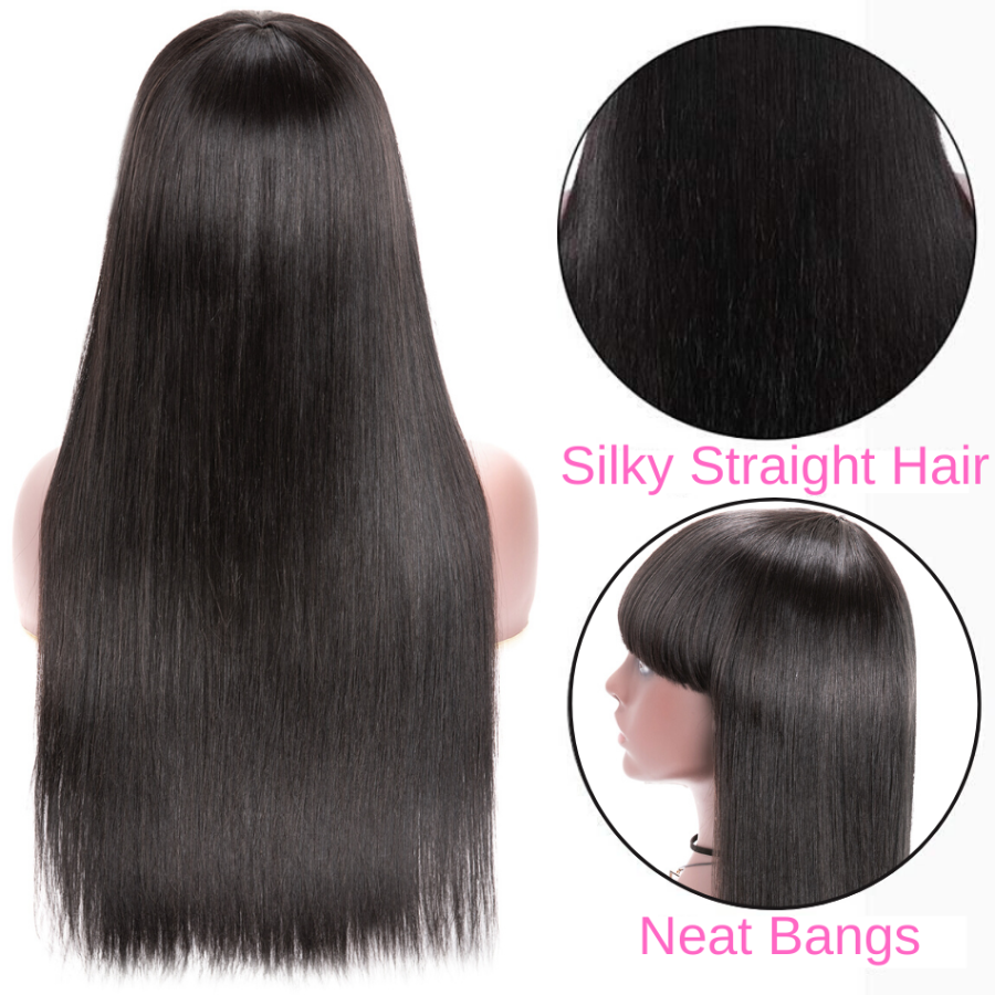 Silky Smooth Straight Human Hair Wig With Bangs Blunt Cut Soft Face-Framing Bangs