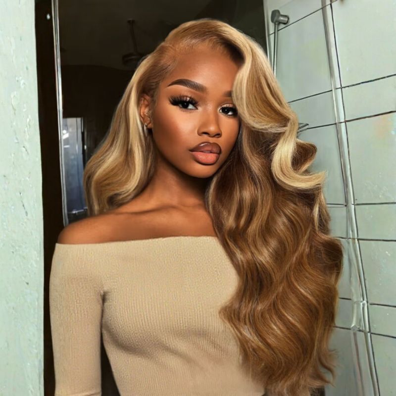 Sunber 13x4 Pre-evertyhing Frontal Wig Blonde Highlight Loose Wave Human Hair Wig with Curtain Bangs