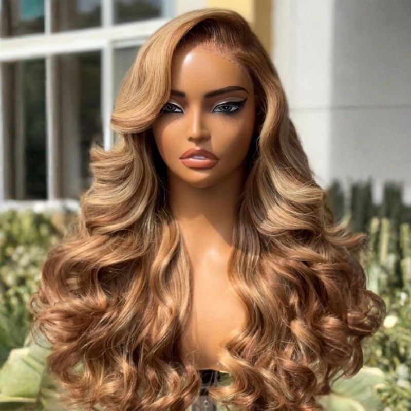 Sunber 13x4 Pre-evertyhing Frontal Wig Blonde Highlight Loose Wave Human Hair Wig with Curtain Bangs