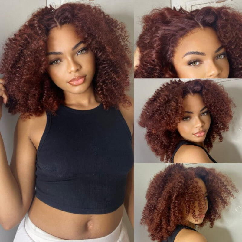 Sunber Afro Kinky Curly Reddish Brown 180% Density 13x4 Pre-Cut Lace Frontal Wig With Invisi Drawstring