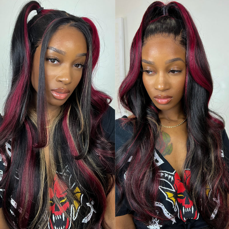 Sunber 20-Inch Black Hair With Blonde Red Highlights Body Wave 7*5 Pre Cut Lace Wig With Multi Color Highlights Human Hair