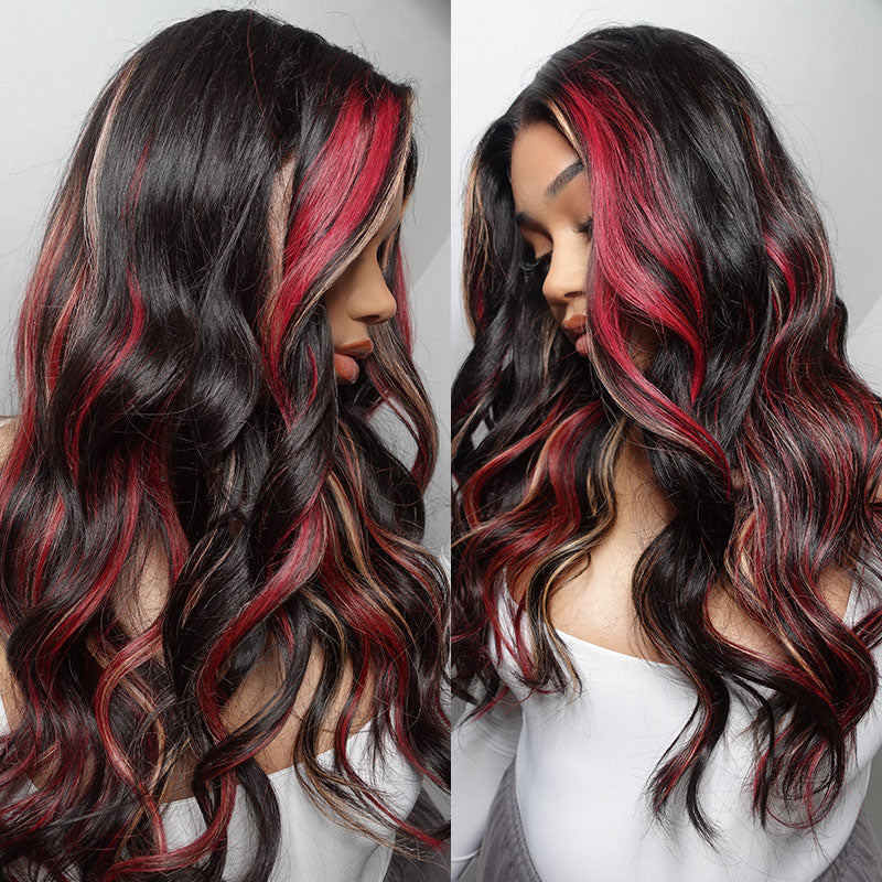 Sunber 20-Inch Black Hair With Blonde Red Highlights Body Wave 7*5 Pre Cut Lace Wig With Multi Color Highlights Human Hair
