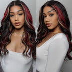 Sunber 20-Inch Black Hair With Blonde Red Highlights Body Wave 7*5 Pre Cut Lace Wig With Multi Color Highlights Human Hair
